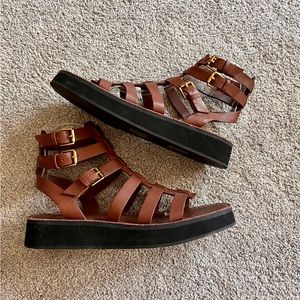 J.Crew VACHETTA Women Size 8 BrownLeather Gladiator Platform Sandal Shoes BE777